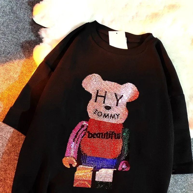

100%Cotton Diamonds Bear Streetwear Short Sleeve T-shirt Female Harajuku 2022 Summer Casual Oversized T-shirt Ladies Shirt M-4XL