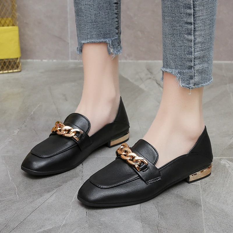 2022 spring and autumn fashion British style retro square head metal decorative women's shoes PU casual student flat shoes