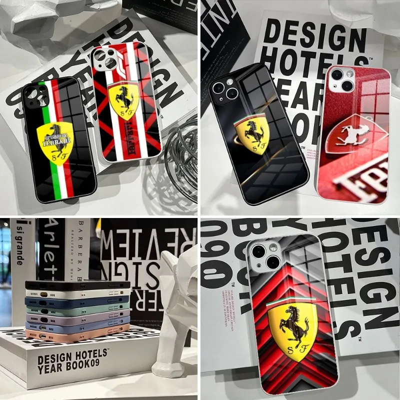 

Роскошный автомобильный чехол Ferrari 2023 для IPhone 14Pro 13 11 12 XR XS MAX 7/8 X Plus 13 черно-белые стеклянные Чехлы для пар