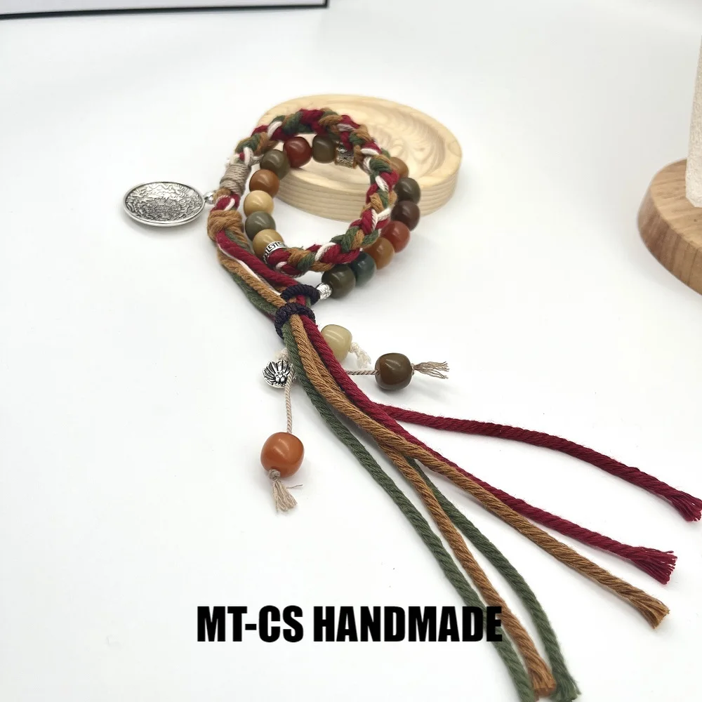 

Tibetan True Bodhi Buddhism Knots Lucky Rope Bracelet with Retro Bronze Mantra Beads Hand Braided String Antique Tibetan Amulet