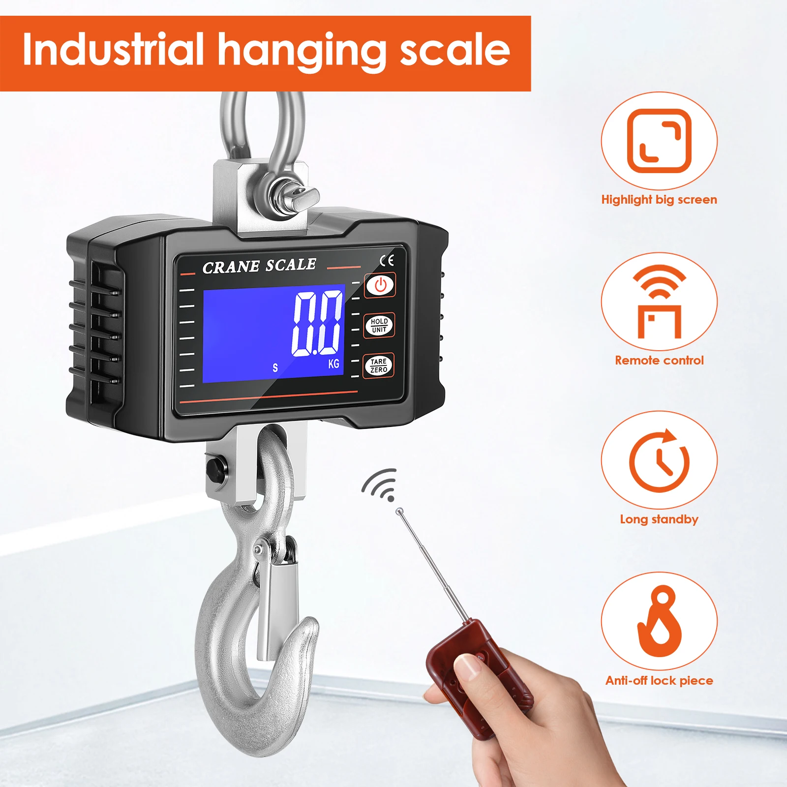 1000KG/2200LBS Digital Hanging Scale, Remote Control Heavy Duty Crane Scale Dimmable LED Industrial Hook Scales