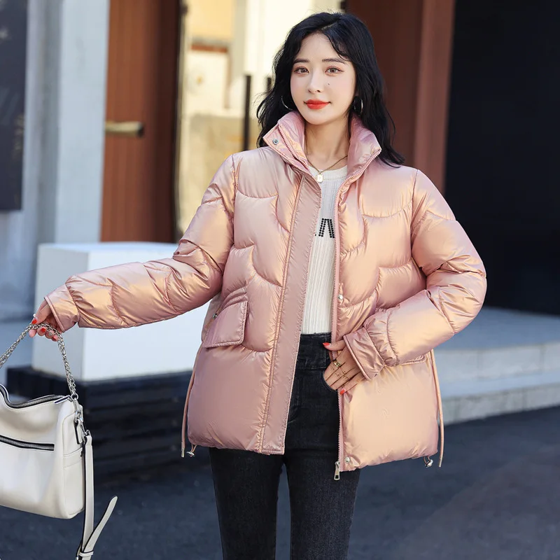 GRELLER 2022 New Women Winter Down Jacket Bright Shiny Cotton Padded Warm Parka For Women Short Stand Collar Winter Coat Clothes