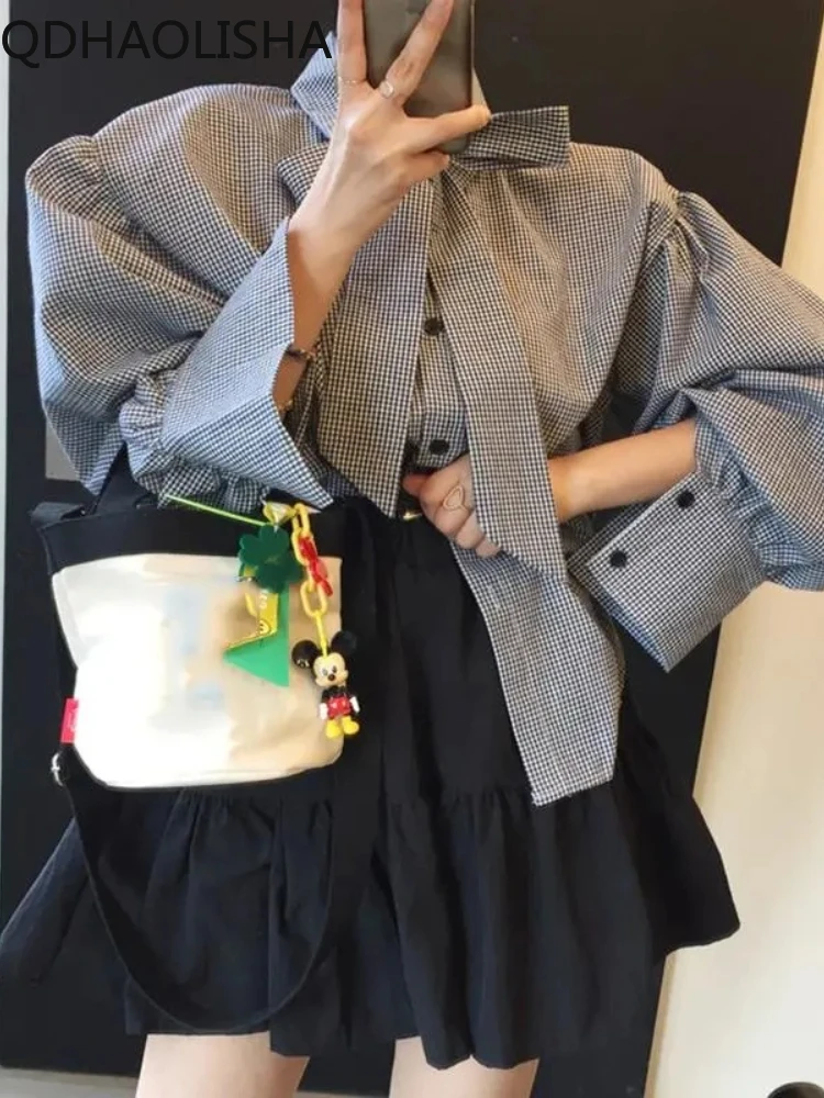

Sets of Women 2 Pieces Elegant Autumer Chic Lapel Tie Bow Plaid Shirt High Waisted Slim Short Skirt Set for Women Sweet Korean