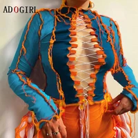 adogirl patchwork ribbed knit women long sleeve crop tops fashion lace up hot sexy hollow out tie front top club autumn