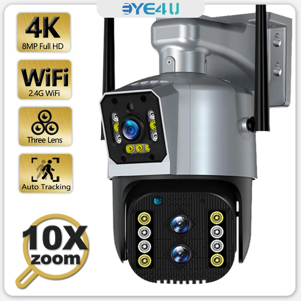 

4K 8MP Бинокулярная IP-камера Открытый 10-кратный зум Три объектива Двойной экран Защита безопасности Автоматическое отслеживание CCTV Видеонаблюдение Wi-Fi камера