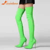 new thin high heels 12cm pointed toe over the knee sexy party women boots spring autumn green orange lady shoes plus size 33 44