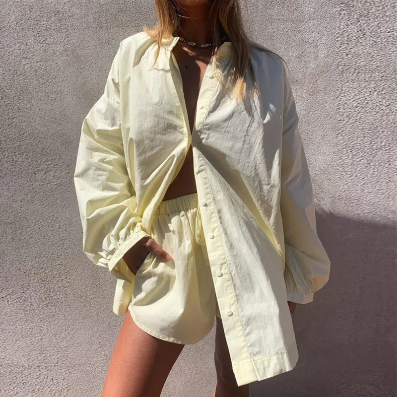 

Women Shorts Set Long Sleeve Single Breasted Solid Color Cotton Oversize Shirts Casual Loose Shorts 2 Piece Sets Womens Outfits