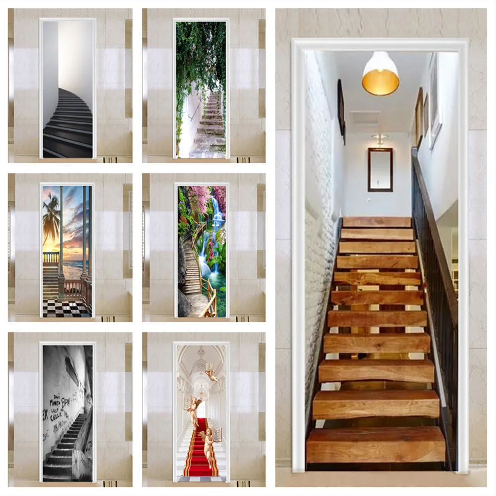 

3D stairs pattern Door Sticker Self Adhesive Wallpaper DIY PVC Waterproof Mural For LivingRoom Bedroom Stickers Home Decor