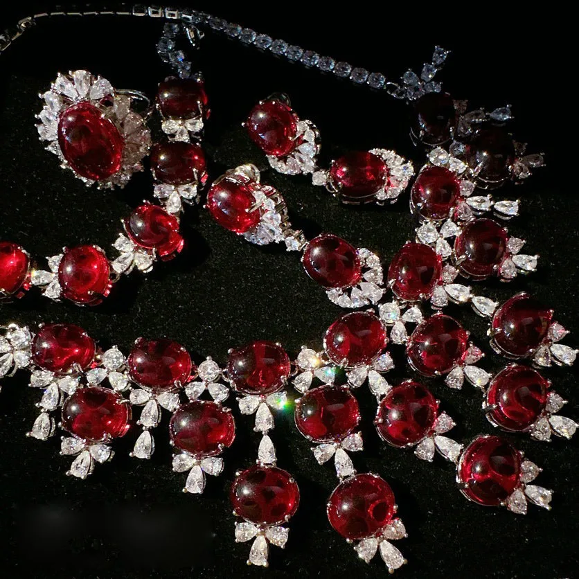

Lady Dove Blood Red Wheat Ear Gem Necklace Plated with 18K Gold Pomegranate Seed Flower Zircon Bracelet