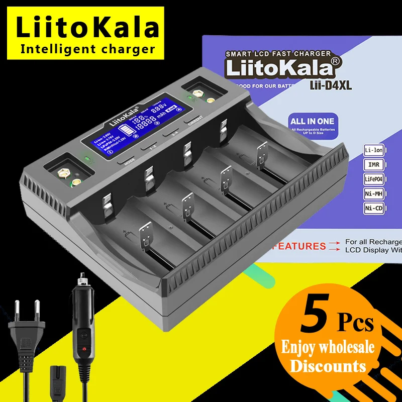 

5PCS LiitoKala Lii-D4XL+car Smart Charger for 26650 18650 21700 18500 16340 32700 AA AAA C SC 3.7V 1.2V 3.2V Lithium NiMH