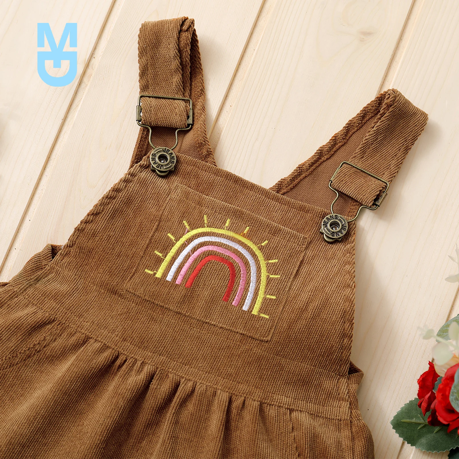 

New Toddler Girls Round Collar Corduroy Dresses Baby Sleeveless Rainbow Embroidery Dress, Solid Color Corduroy One-piece