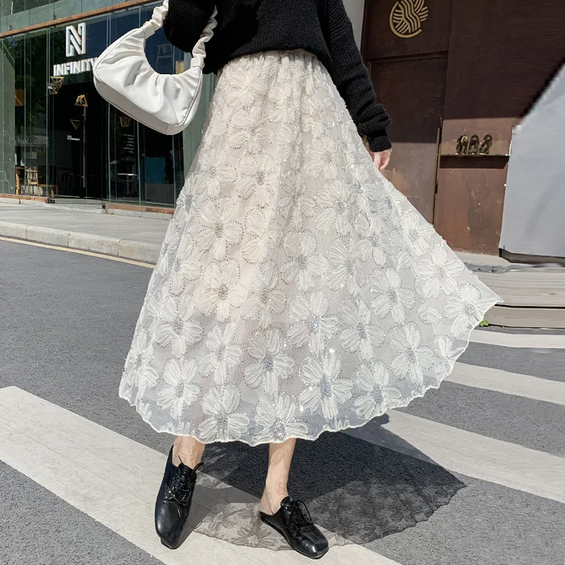 

South Korea 2022 Autumn New Sequined Embroidered Gauze Skirt Thickened Flower Temperament Long Skirt