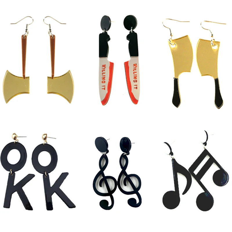 Готические серьги с подвеской в виде буквы D в золотом цвете с черным ретро-панк музыкальным кухонным ножом.