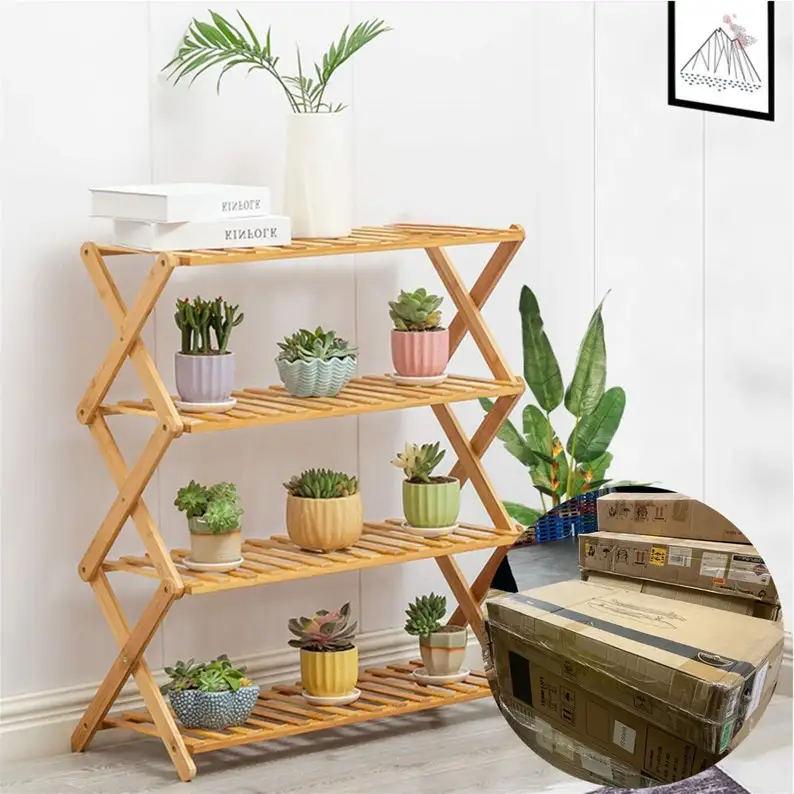 

4 Tier Folding Bamboo Shoe Rack Flower Plant Display Stand Shelves