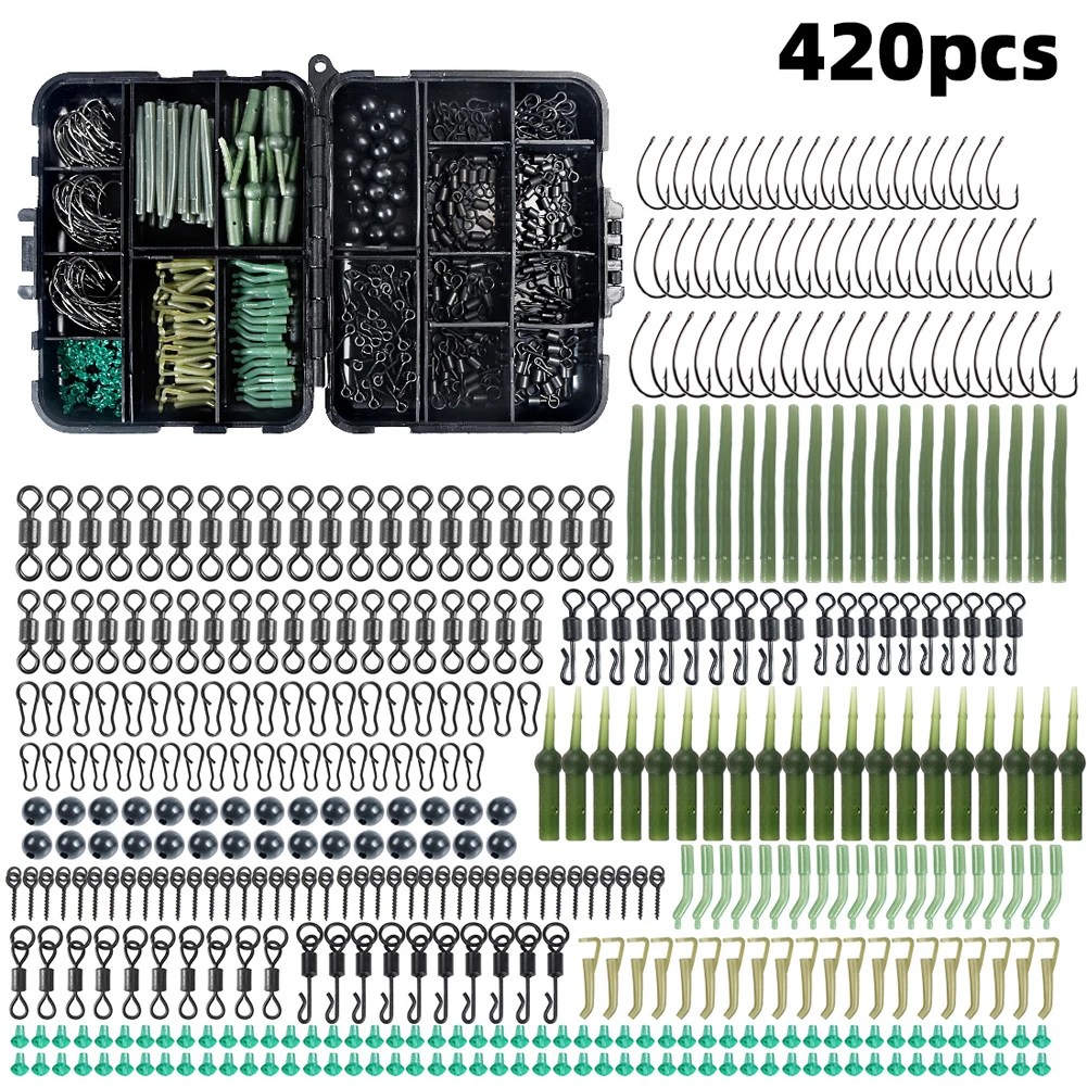 

420pcs/Box Carp Fishing Tackle Kit Fishing Tackle Rolling Swivel Snaps Hook Sleeves Stop Beads Boilie Carp Hook Sleeves