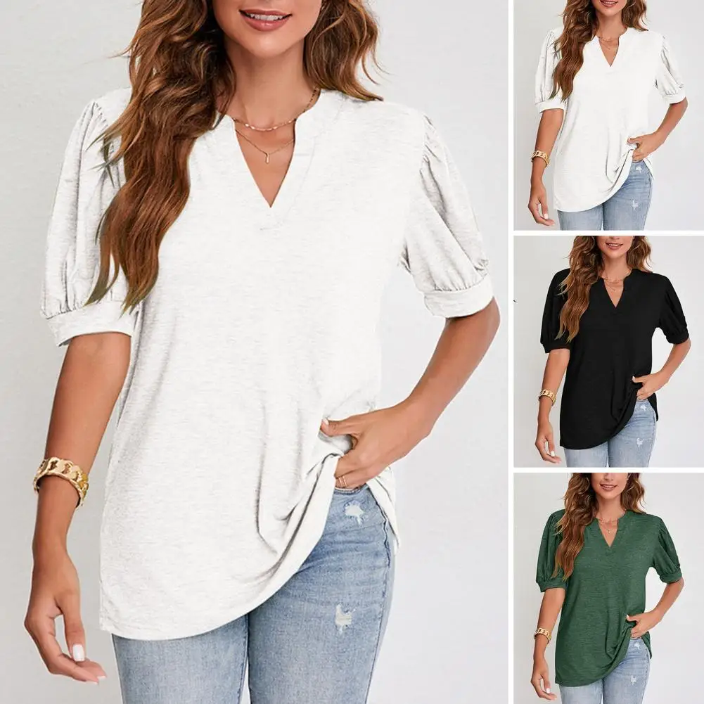 

Women Soft T-shirt Chic Women's V-neck Bubble Sleeve T-shirt Soft Breathable Casual Summer Blouse for A Simple Stylish Look Puff