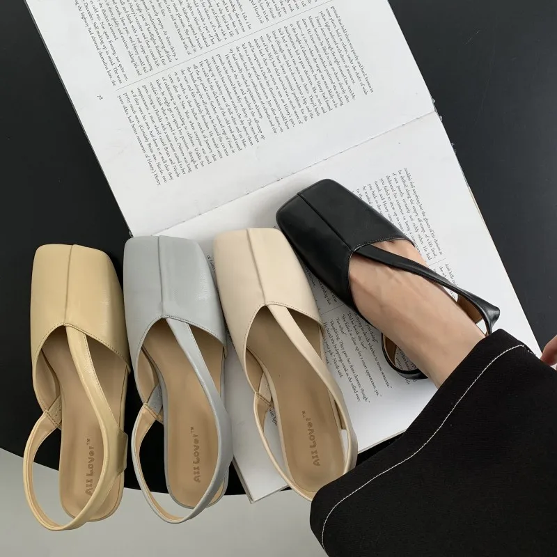 

Mary Jane Beige Heeled Sandals Square Toe 2022 Summer Spring Shoes Shallow Mouth Black Closed Girls Comfort New Fashion Low Back