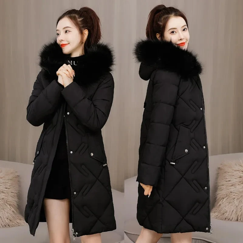 New Solid Winter Women Slim Long Jacket Fur Collar Hooded Parkas Thickness Snow Warm Outwear Down Jacket
