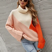 2022 autumn and winter contrast color knitted sweater new sweater womens lapel back loose loose sweater