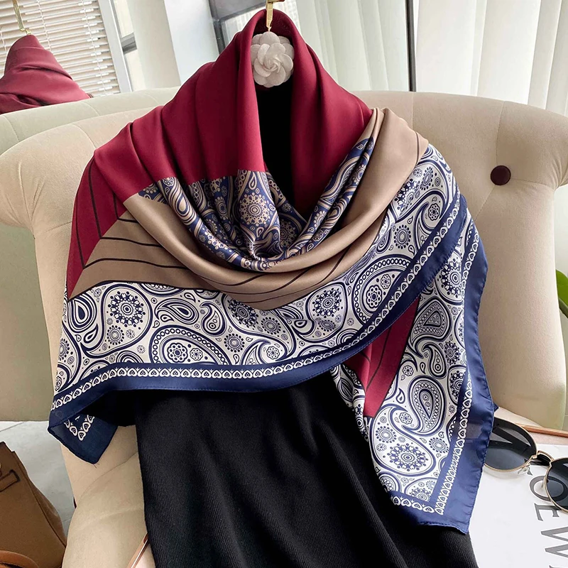 

Роскошный брендовый атласный Шелковый квадратный шарф для женщин дизайнерская повязка на голову пляжные палантины большая шаль палантины женский платок хиджаб бандана