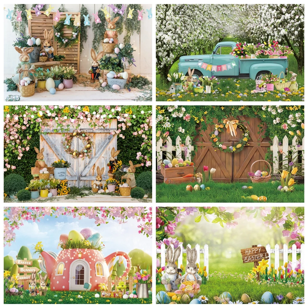

Spring Easter Photography Backdrop Garden Bunny Colorful Eggs Flower Background Rabbit Flag Baby Kids Portrait Photo Booth Props