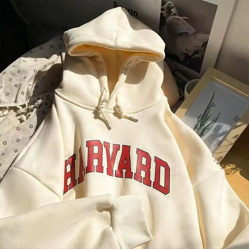 Повседневные женские хлопковые темно-синие толстовки с принтом HARVARD 2024 бархатные