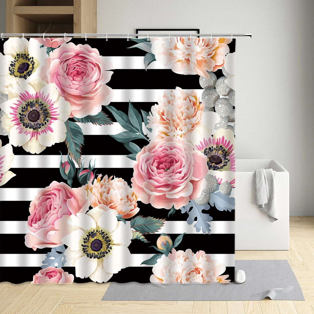 

Занавеска для ванной комнаты в скандинавском стиле, штора для душа в черно-белую полоску, с зелеными листьями, с буклетом птиц, цветов, роз, с бабочкой, декоративная ткань для ванной