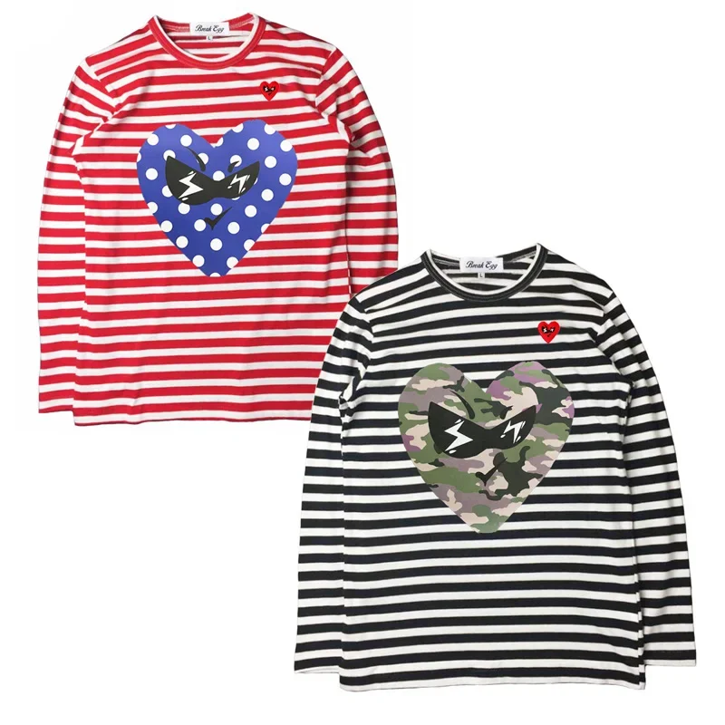 

Break Egg Women T-shirt Stripe Cotton Heart Glasses Embroidery Camouflage Dots Heart Print O-Neck Long Sleeve Straight T-Shirt