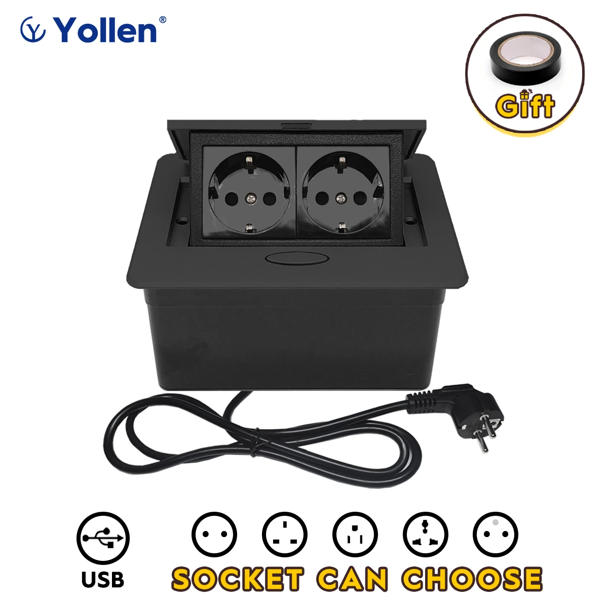 

With EU Cable Plug Metal Panel EUR Version Table Socket 2Outlet USB-A/C option office kitchen cabinet desktop socket