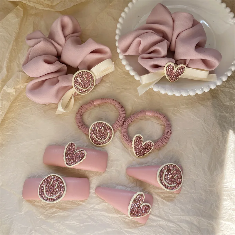 

High Quality Korean Style Pink Rhinestone BB Hairclip Smiley Love Elastic Hairband Eather Hair Accessories For Girls Hairpin