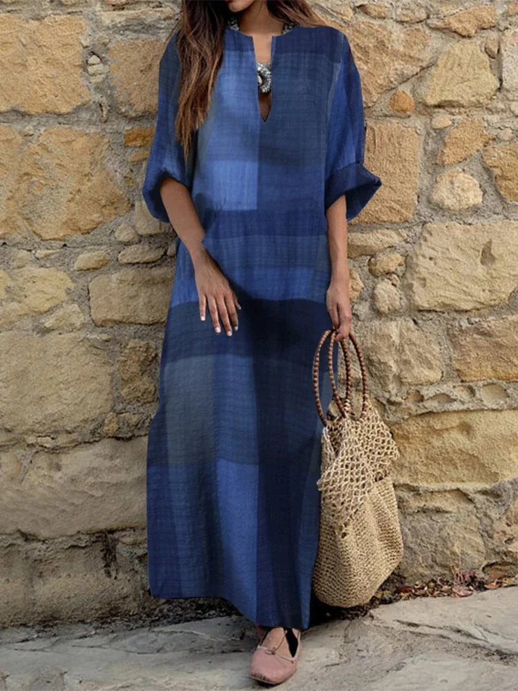 

Retro Plaid Print V-Neck Long Dress Commuter Women Spring Summer New Mid Sleeve Straight Dress Casual Vacation Beach Dress Women