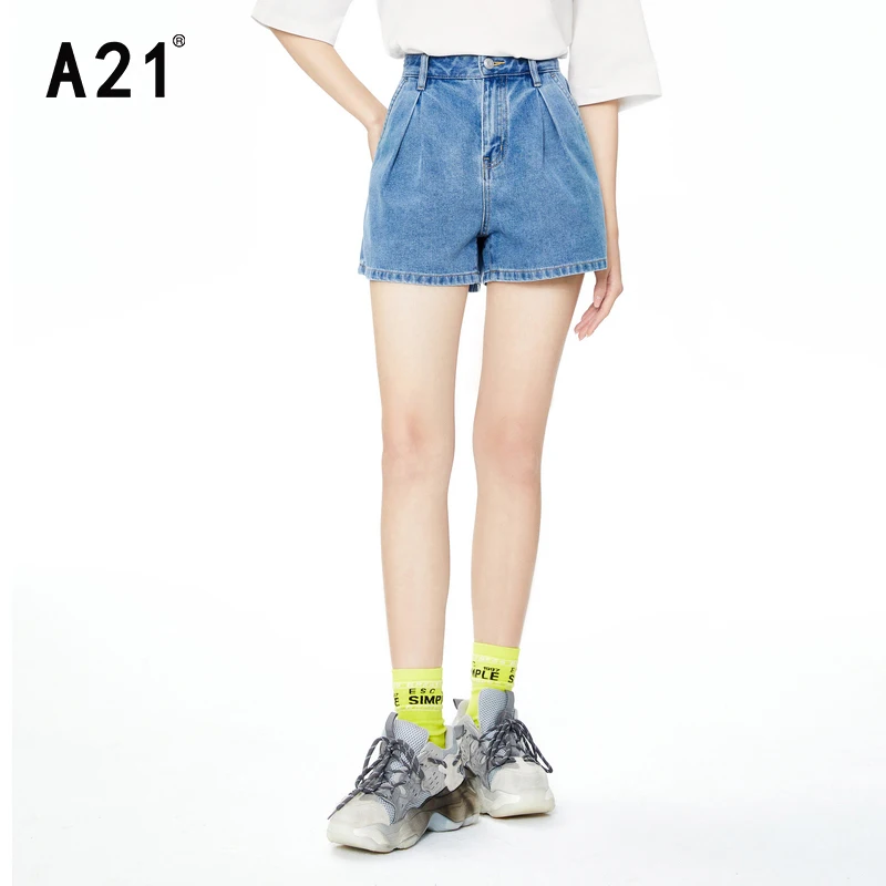 A21 Women Solid High Waist Shorts 2022 Summer New Light Blue Casual A-Line Jeans for Female Fashion Oversized Denim Pants