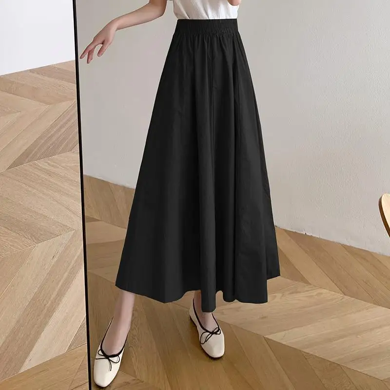 

Skirts Women Solid Mid-calf Elegant Korean Style Retros New Spring Loose High Waist A-line Fashion All-match Chic Midi Faldas