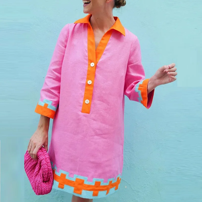 

Women Casual Print Patchwork Lapel Shirt Dress Spring Buttoned Straight Office Lady Dress Vintage Long Sleeve Female Party Dress