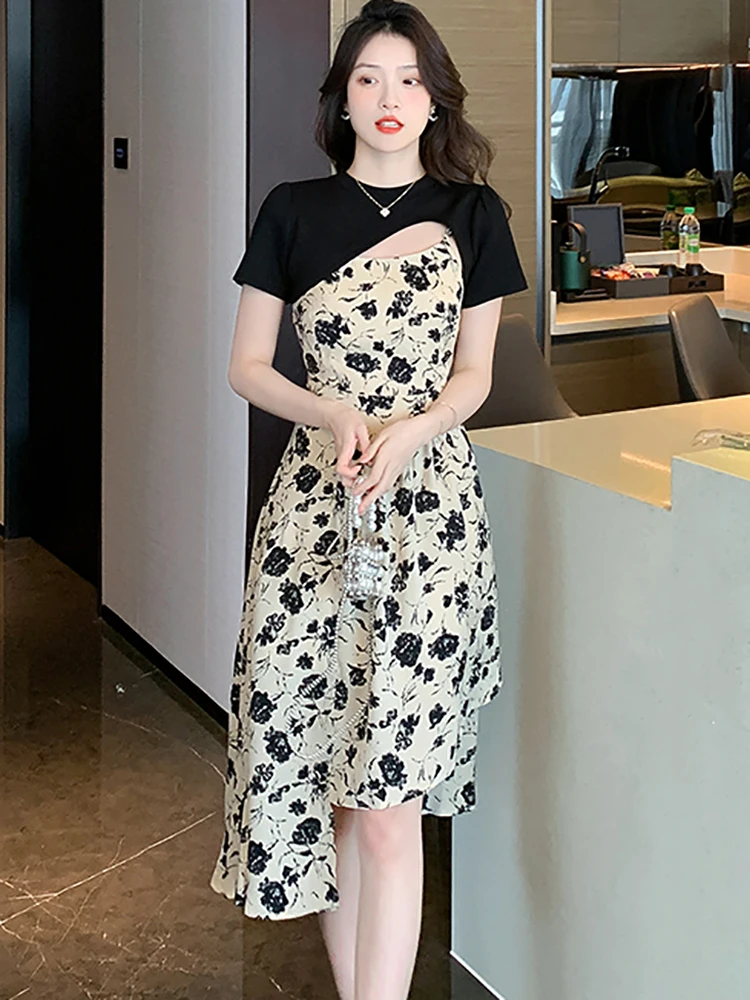 

Black Shirts+floral Sling Long Dress Two Piece Sets Women Elegant Chic Hollow Out Sexy Dress 2023 Summer Vintage Bodycon Dresses