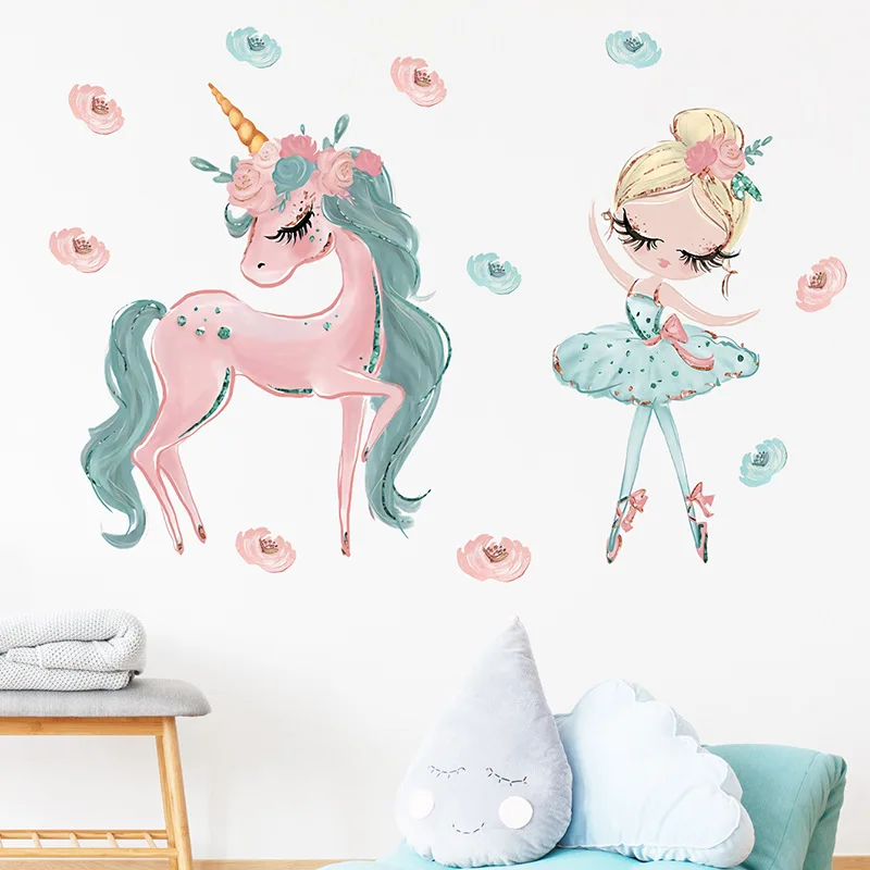 

Cartoon Wall Decals for Girls Room Decor Unicorn and Ballet Girl PVC Murals Wall Stickers for Bedroom Living Room Baby Room