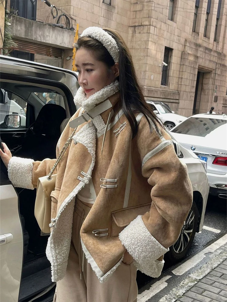 

Женская утепленная куртка из овечьей шерсти, утепленная флисовая куртка в стиле ретро с локомотивным лацканами, верхняя одежда, осень-зима 2022