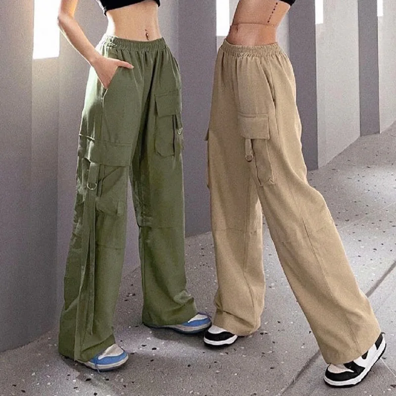 

2022 Fashion Summer New Elastic Waist Loose Large Pockets Solid Color Casual Straight Tube Overalls Women's Trousers