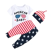 baby boys 3pcs romper suit short sleeve letter glasses romper striped star long pants beanie hat independence day outfits