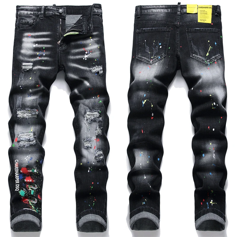 

chareiharper DSQ 1347 Men's Jeans Straight Fit Elastic Cotton Black Paint Wash Water Tear Process Italian Design men Jeans