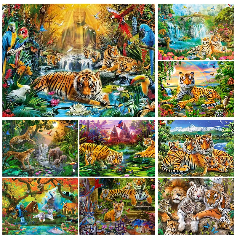 

5D DIY Diamond Painting Forest Scenery and Animal Tiger Leopard Mosaic Rhinestone Embroidery Full Diamond Cross Stitch Home Gift