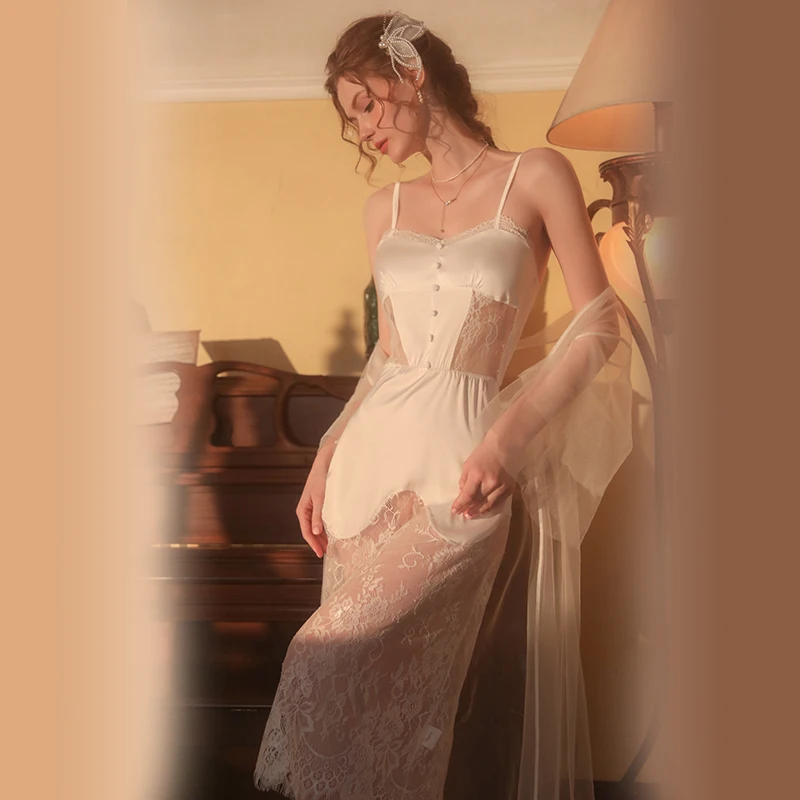 Sexy Mousse 2022 Women Sweet and Comfortable Nightgown Lace Mesh Perspective Sling Nightdress Lace-Up Robe Women's Homewear Set