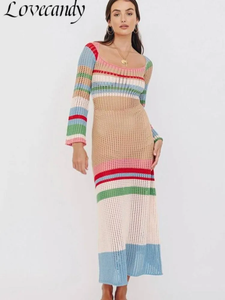 

Женское трикотажное платье-миди в полоску, с длинным рукавом и квадратным вырезом