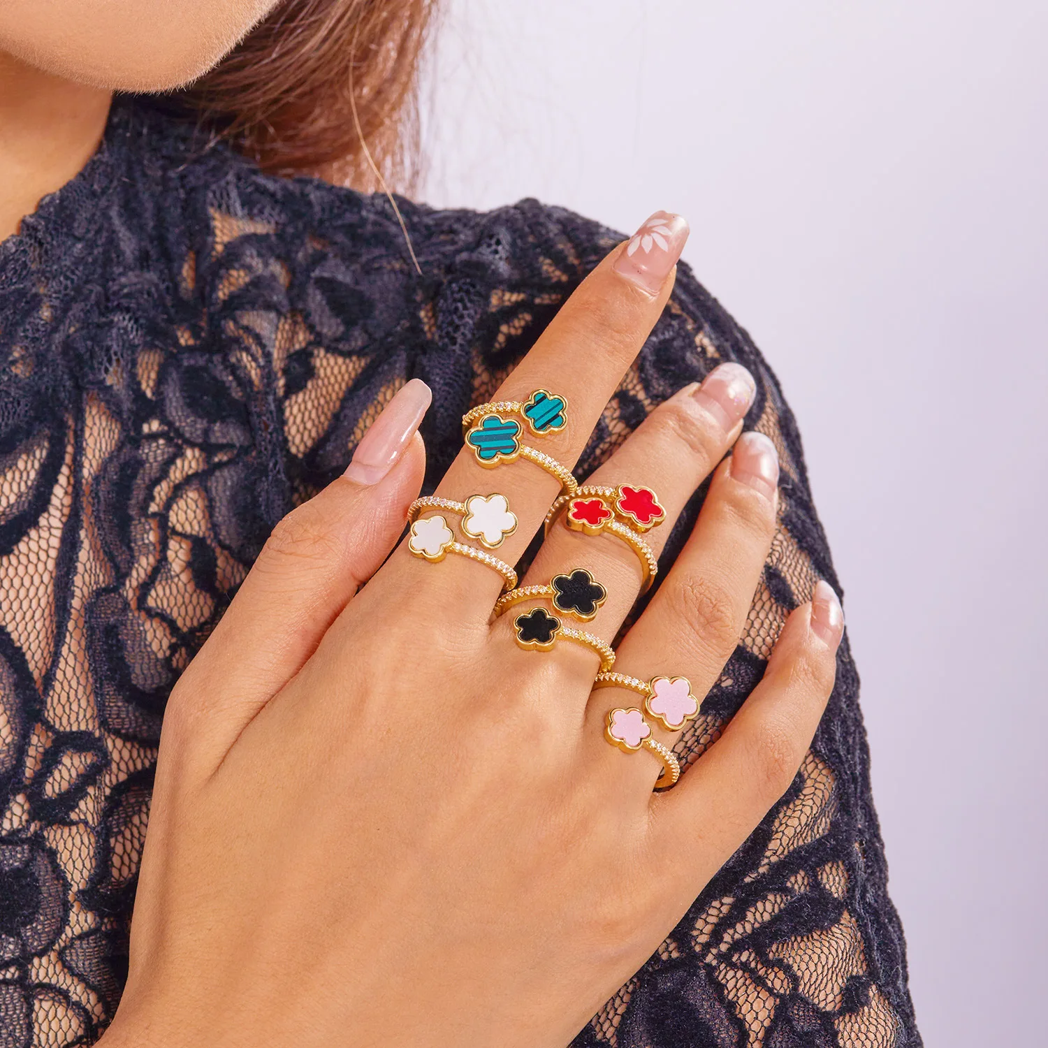 Лидер продаж модные разноцветные циркониевые кольца на удачу с пятью лепестками