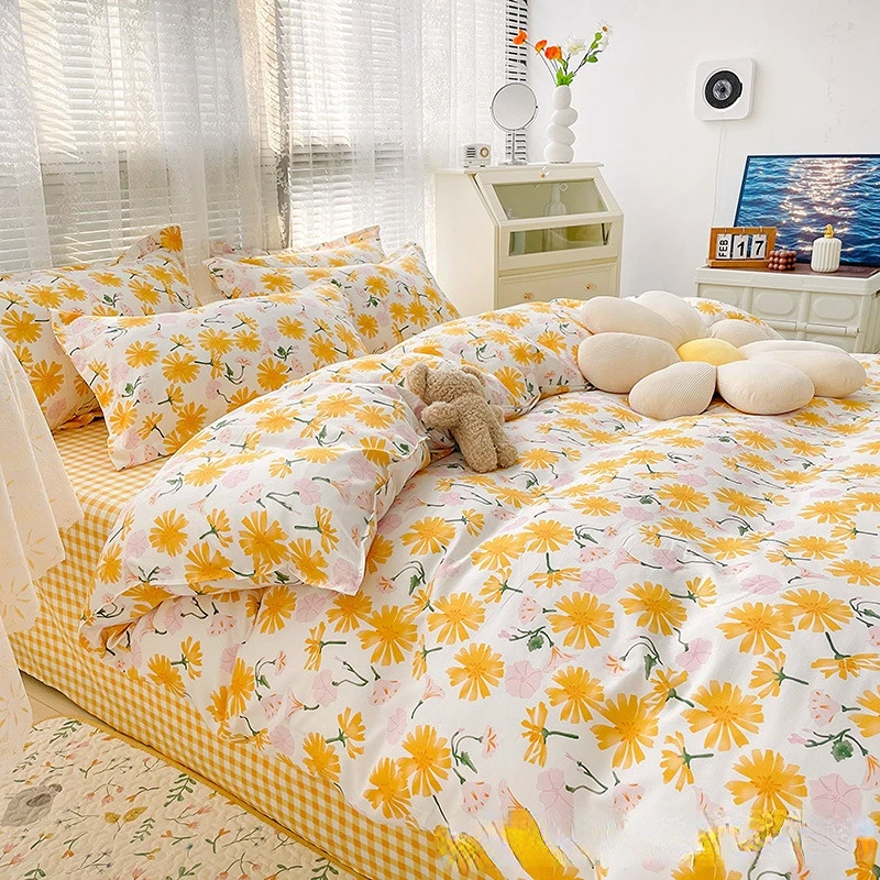

Beddings Sets Brushed Pastoral Style Washed Cotton Four-piece Set Spring and Summer 1.8 Meters College Student Dormitory Bed