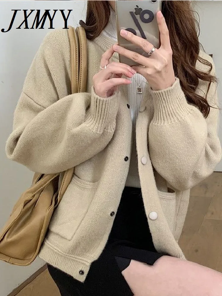 

JXMYY Knitted Cardigan Coat Women's Autumn And Winter Fashion Korean Version Casual Loose Retro Gentle Lazy Wind Sweater