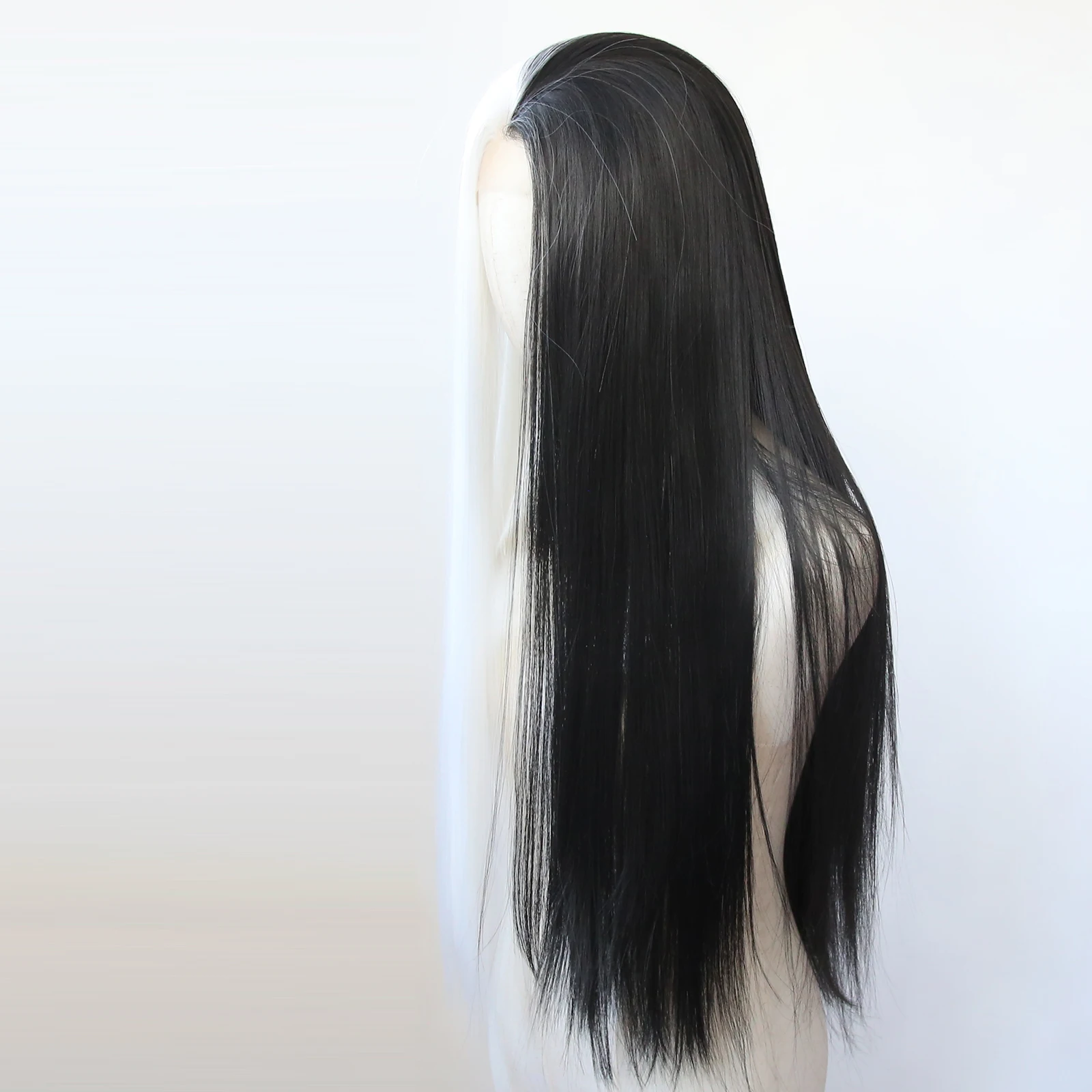 Белый с половиной черного синтетического кружева передний парик длинный прямой