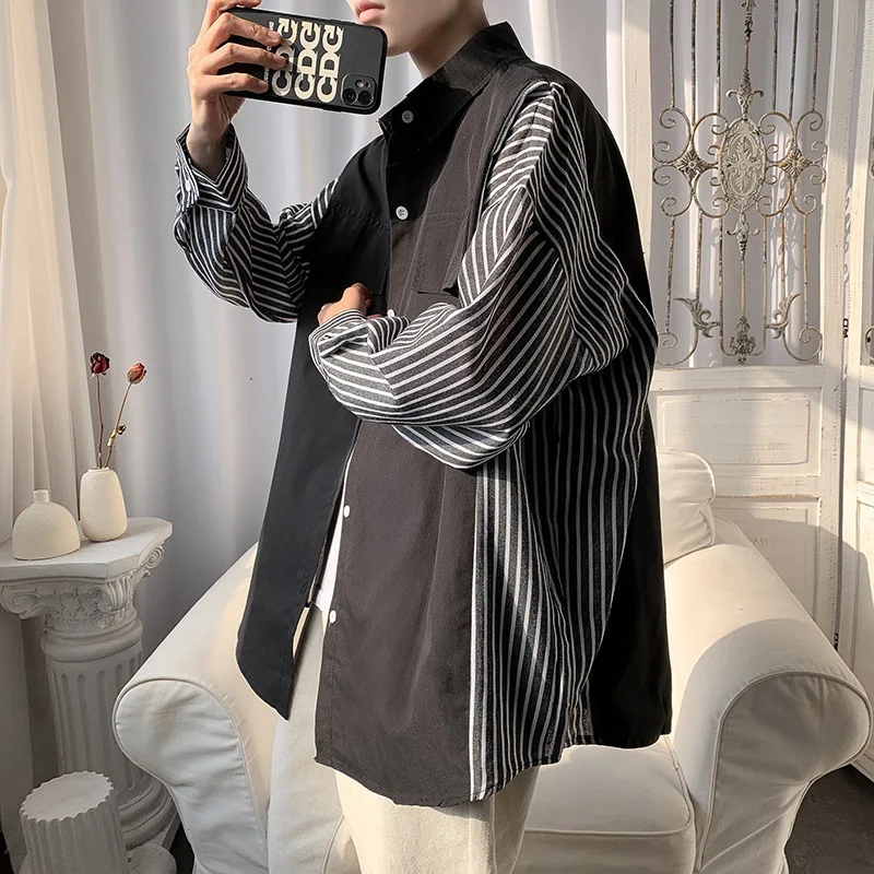 

HOUZHOU Striped Patchwork Shirt Men Men's Long Sleeve Shirts Embroidery Vintage Cardigan Button Up Tops Streetwear Hip Hop