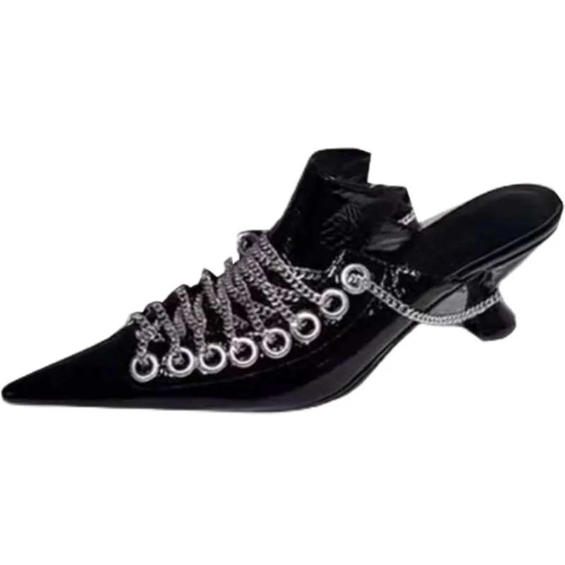 

Женские туфли на каблуке с ремешком на пятке и острым носком, женские элегантные туфли с металлической цепочкой, женские повседневные мюли ...