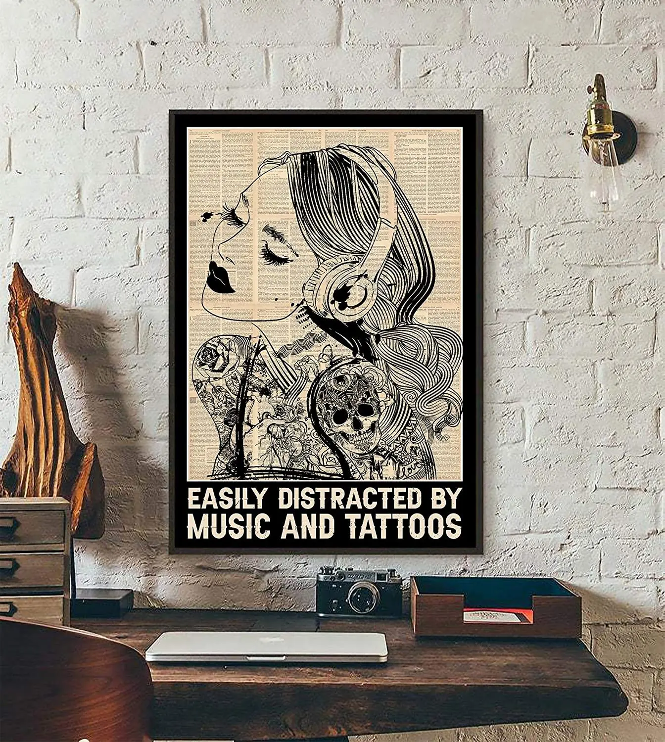 

vintage Metal Sign Easily Distracted by Music and Tattoos Sign, Girl Power Art Print, Sugar Skull Print, Music Lover Gift